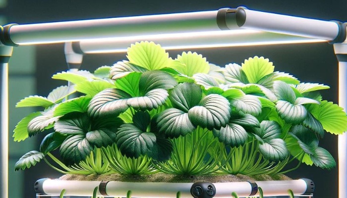 A strawberry plant growing in a small hydroponic setup.