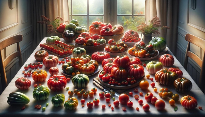 A variety of different tomatoes displayed nicely on a kitchen table.