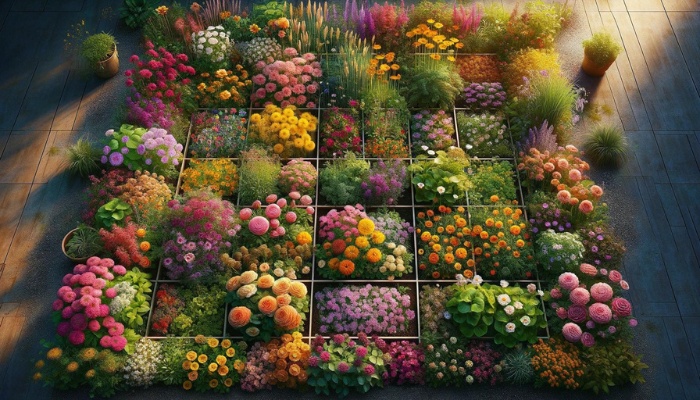 A wide variety of flowers growing in a square foot garden.