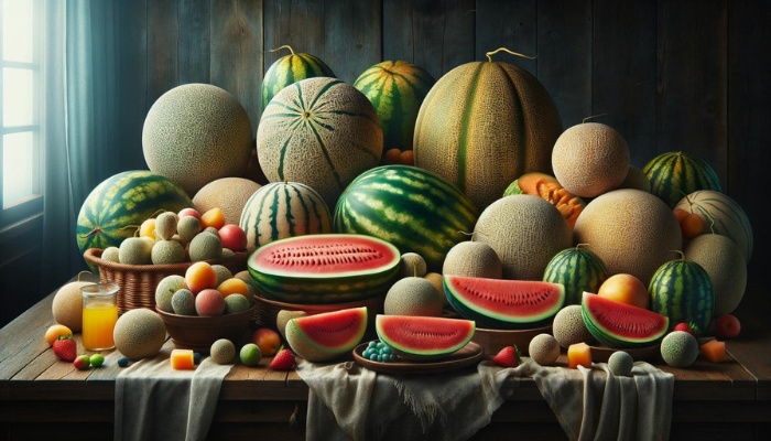 A variety of melons on a rustic table.