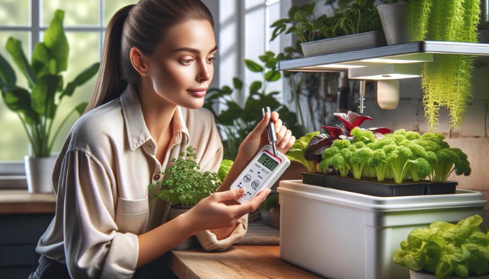 A woman holding an EC meter near her small hydroponic setup on her kitchen counter.