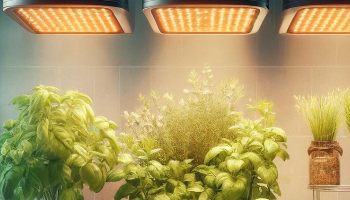 Several herbs growing indoors under three grow lights.