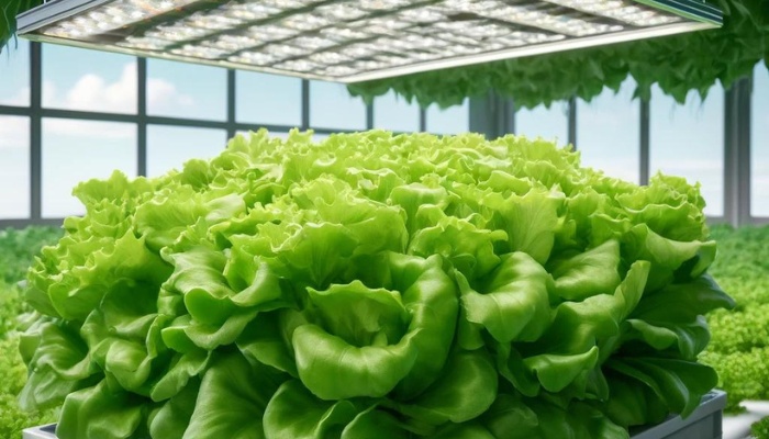 Healthy lettuce growing in a passive hydroponic system under grow lights.