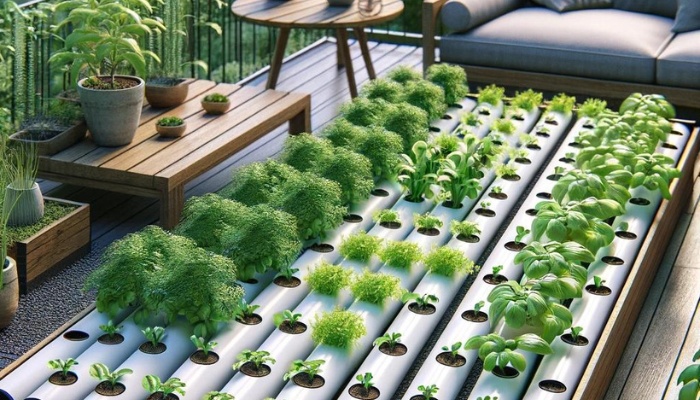 A simple outdoor hydroponic system set up on a patio.