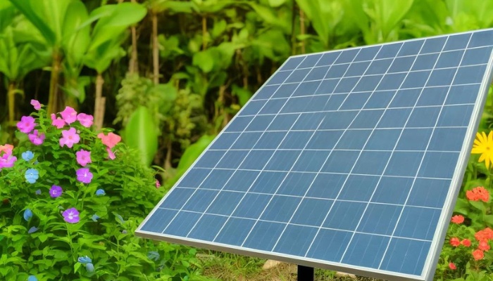A solar panel for hydroponics outdoors in the middle of a thriving garden.