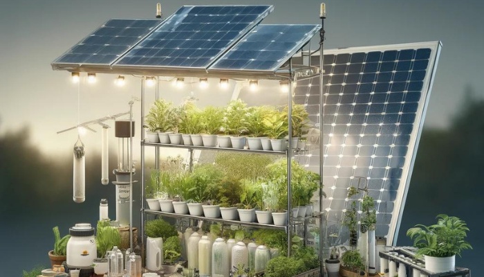 Several solar panels and various hydroponic components and plants on a rack.