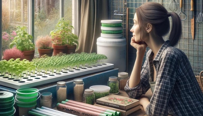 A woman gazing out her window with an assortment of hydroponic equipment in front of her.
